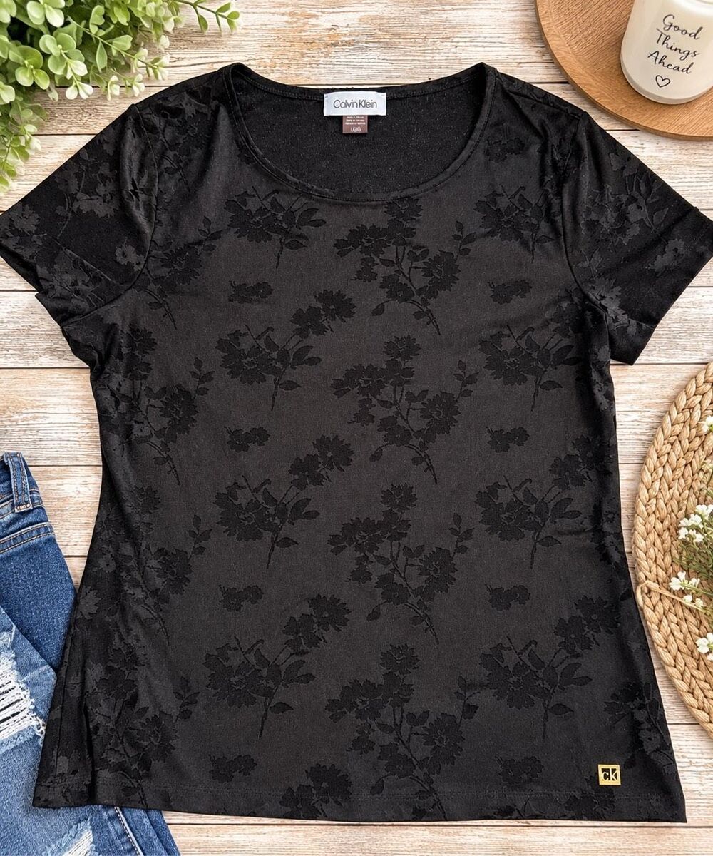 Calvin Klein Women’s Large Black Floral Jacquard Short Sleeve Blouse Top